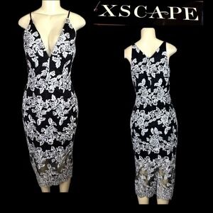 Xscape Women's Black Silver Floral Embroidered Midi V-Neckline Cocktail Dress 8